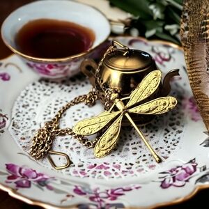 New! Teapot tea strainer w brass dragonfly.